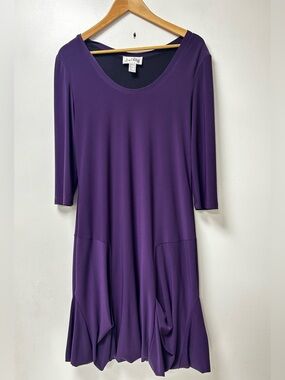 Joseph Ribkoff Purple Swing Dress‎ Size 10 3/4 Sleeve Scoop Neck Draped Hem